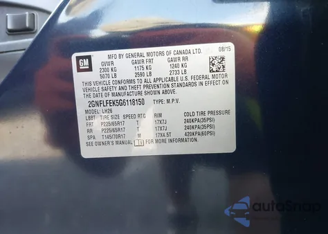 2016 Chevrolet Equinox Lt z USA, uszkodzony, nr VIN 2GNFLFEK5G6118150